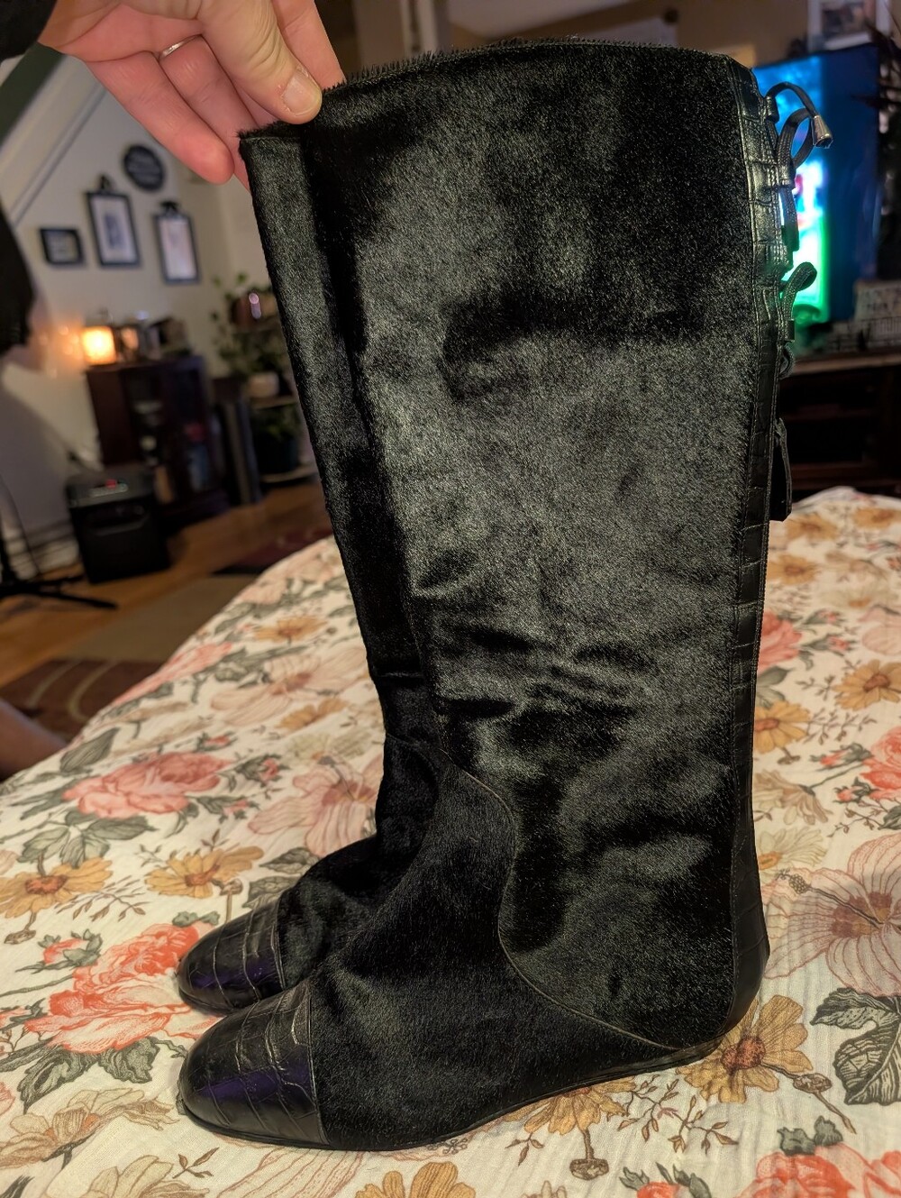 Migliorini Black Pony Hair Croc-Embossed Leather Corset Back Boots Sz 8 Tall